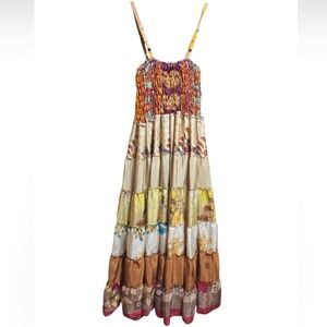 Silk Smocked Patchwork Colorful Tiered Maxi Dress Kathmandu Imports Boho XS/S